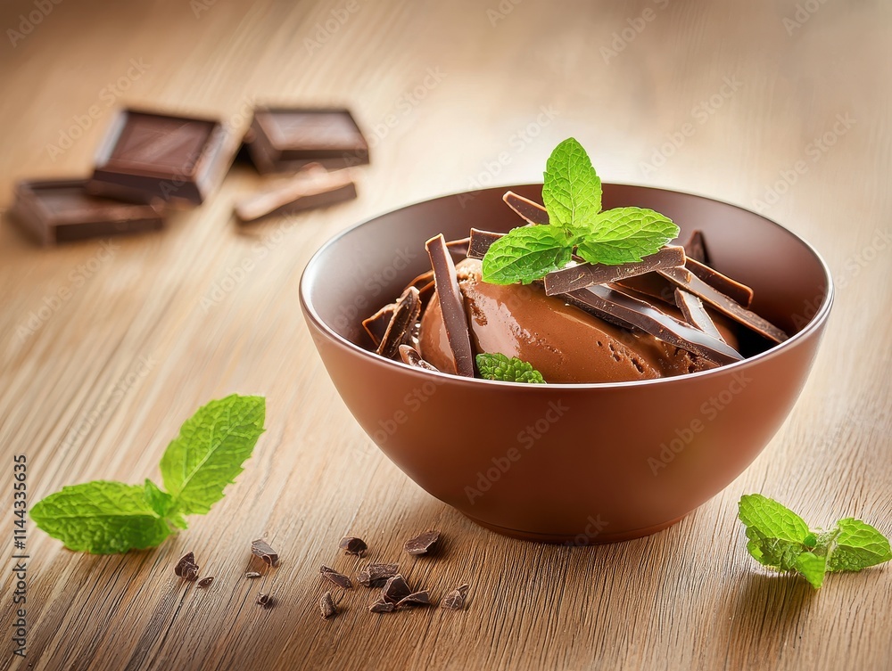 Indulgent Chocolate Ice Cream Garnished with Fresh Mint Leaf on Wooden Table Indulgent Chocolate Ice Cream Garnished with Fresh Mint Leaf on Wooden Table