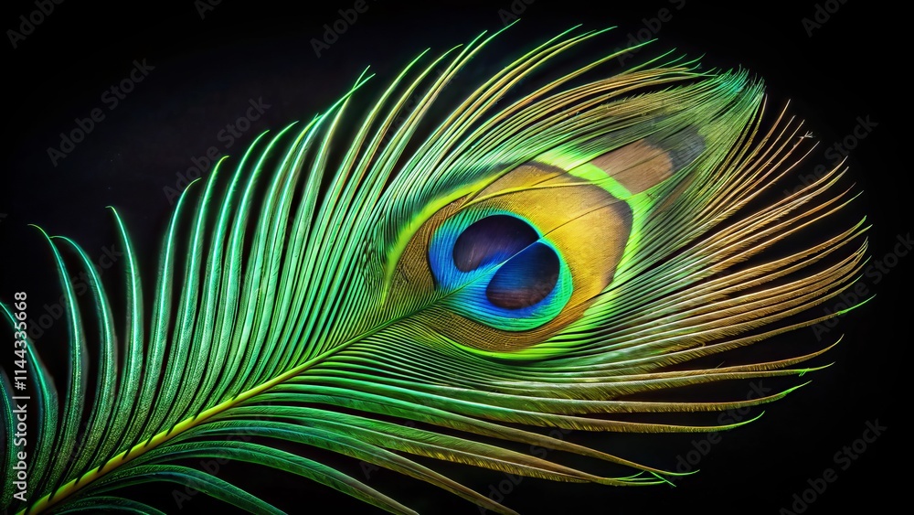 Obraz premium Single Green Peacock Feather Black Background - Rule of Thirds Photography