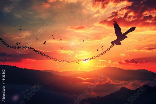 Freedom concept  Silhouette of bird flying and broken chains at autumn mountain sunset background