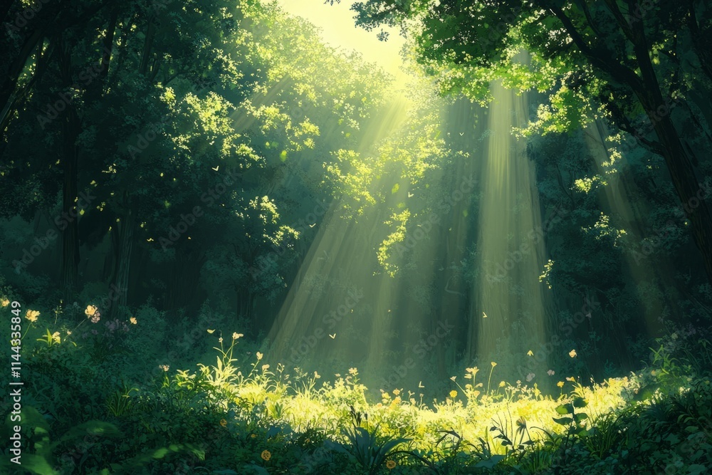 Obraz premium Bright sunbeams illuminate clearing with flowers in enchanting forest