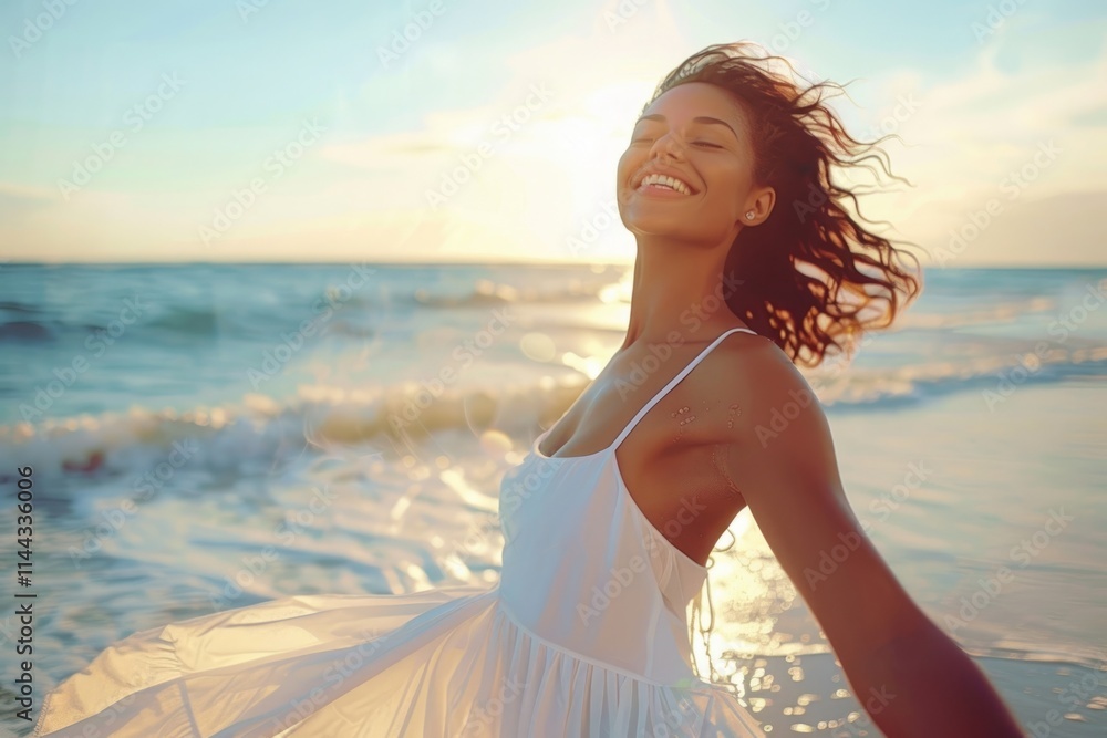 Multicultural woman finds happiness on beach during vacation. Multicultural woman finds happiness on beach during vacation.