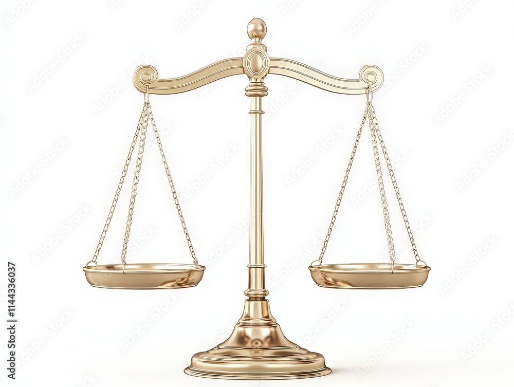 Golden scales of justice on a white background, symbolizing balance, fairness, equality, and the principles of law, ethics, and impartiality in the justice system. Golden scales of justice on a white background, symbolizing balance, fairness, equality, and the principles of law, ethics, and impartiality in the justice system.