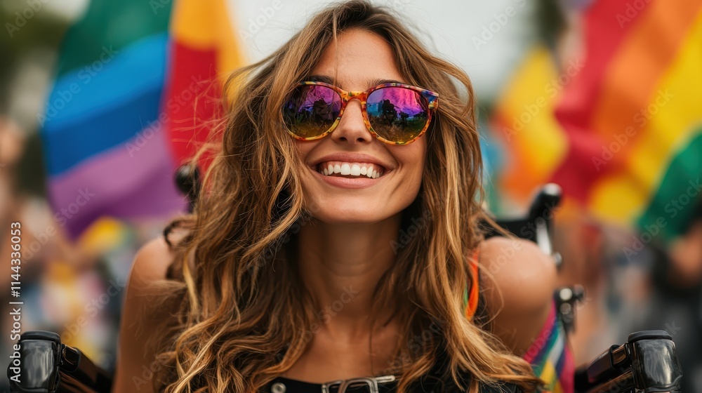 A smiling woman in a wheelchair is surrounded by colorful flags and banners, embodying a sense of joy and inclusivity at a vibrant celebration outdoors. A smiling woman in a wheelchair is surrounded by colorful flags and banners, embodying a sense of joy and inclusivity at a vibrant celebration outdoors.