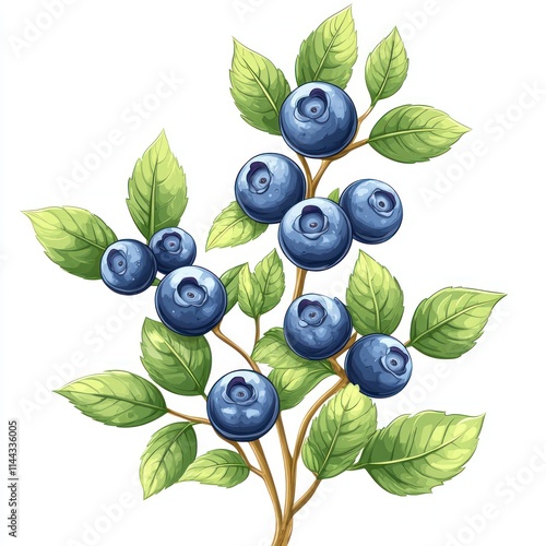 Fresh blueberries on a branch with green leaves, isolated on white background.