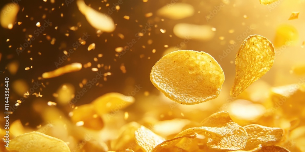 Pile of golden potato chips is flying through the air. The chips are scattered all over the image, creating a sense of chaos and disorder Pile of golden potato chips is flying through the air. The chips are scattered all over the image, creating a sense of chaos and disorder