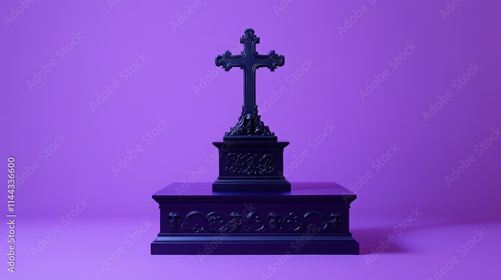 Dark Cross on Purple Podium in Horror Theme Dark Cross on Purple Podium in Horror Theme