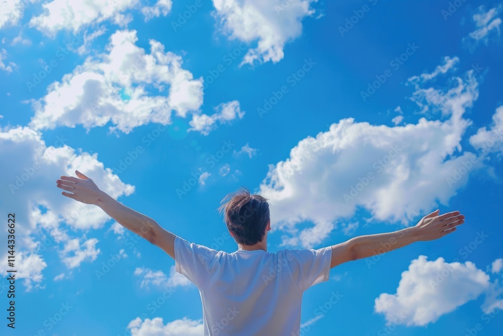 Happy and free young male person with open arms towards the blue sky. Feeling good and freedom. Happy and free young male person with open arms towards the blue sky. Feeling good and freedom.