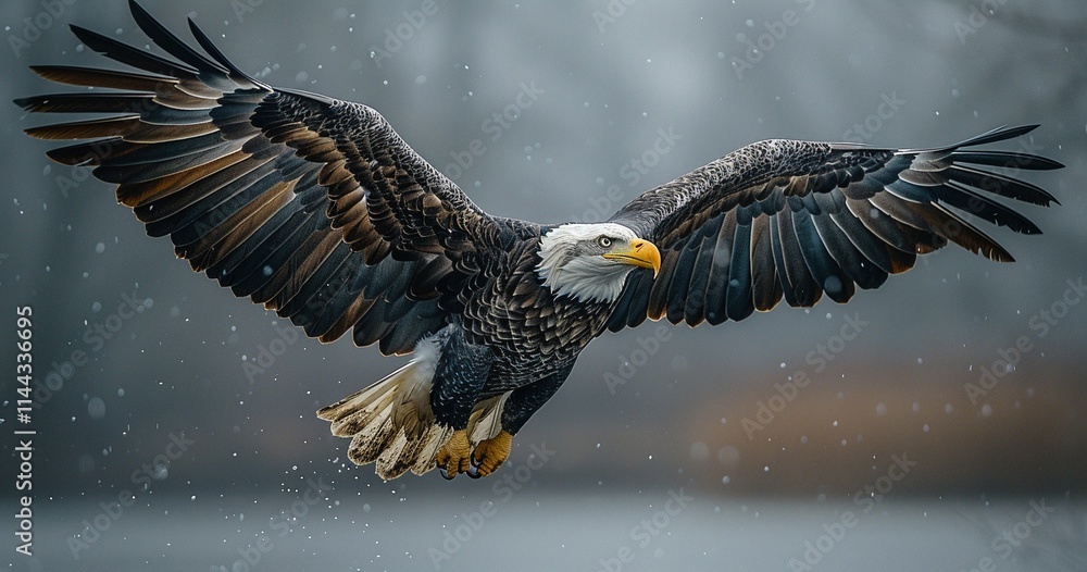 Majestic bald eagle in flight, wings spread wide against a muted, snowy ...