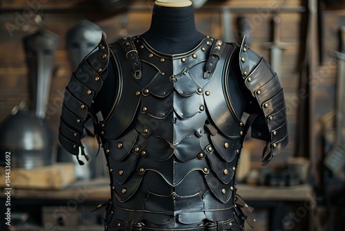 Black metal breastplate with pauldrons on mannequin standing in medieval workshop photo