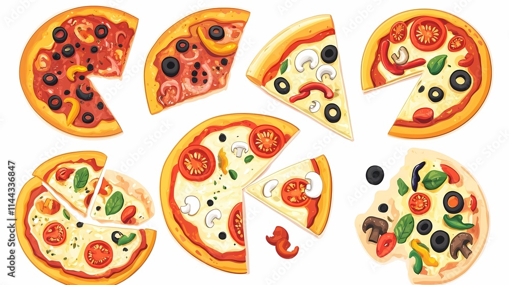 Colorful and Delicious Pizza Slices Displayed in Various Arrangements Showcasing Toppings Like Olives, Mushrooms, Peppers, and Tomatoes Perfect for Culinary or Food Design Projects Colorful and Delicious Pizza Slices Displayed in Various Arrangements Showcasing Toppings Like Olives, Mushrooms, Peppers, and Tomatoes Perfect for Culinary or Food Design Projects