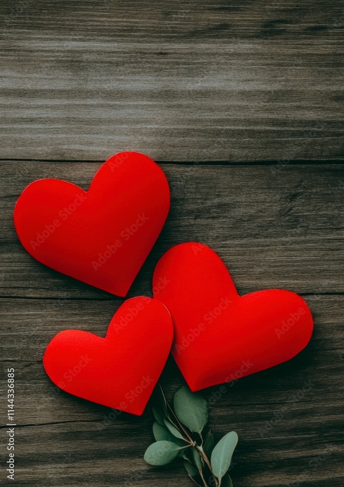 Three red hearts and eucalyptus on wood. Three red hearts and eucalyptus on wood.