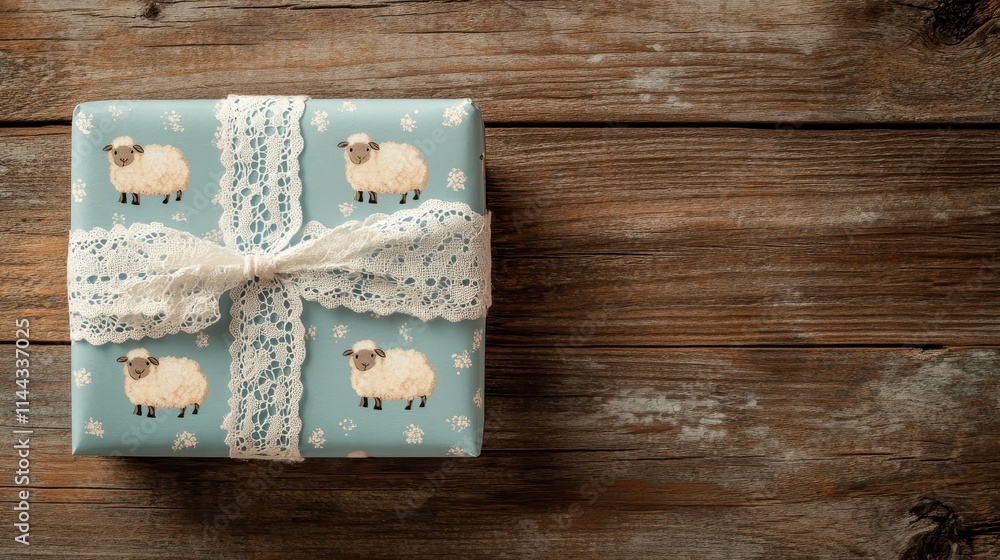 Fototapeta premium Rustic Gift Box with Sheep Patterned Wrapping Paper and Lace Ribbon on Wooden Background