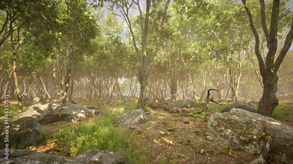 A tranquil forest filled with dense foliage, towering trees, and scattered boulders, enveloped in soft mist, creating a peaceful atmosphere during the day. A tranquil forest filled with dense foliage, towering trees, and scattered boulders, enveloped in soft mist, creating a peaceful atmosphere during the day.