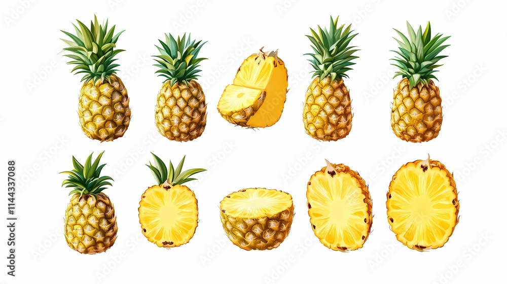 Fresh Pineapples and Sliced Fruit Display on White Background, Showcasing Juicy Texture and Bright Color, Ideal for Food and Health Illustrations Fresh Pineapples and Sliced Fruit Display on White Background, Showcasing Juicy Texture and Bright Color, Ideal for Food and Health Illustrations