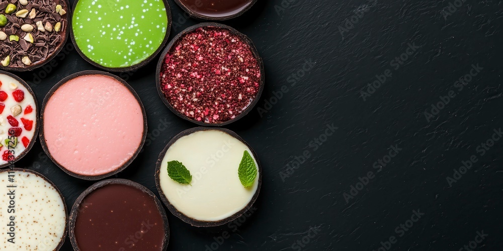 Mini portions of cheesecake in different flavors, on a black background Mini portions of cheesecake in different flavors, on a black background