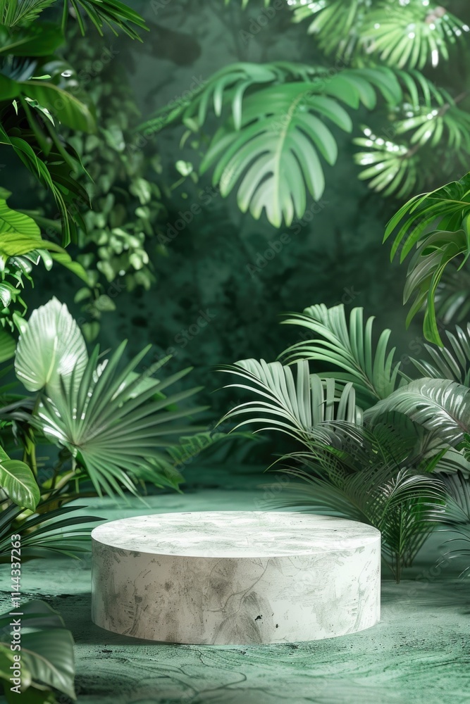 Lush tropical plants surrounding stone circle on ground, hinting at mysterious destination or ancient site Lush tropical plants surrounding stone circle on ground, hinting at mysterious destination or ancient site