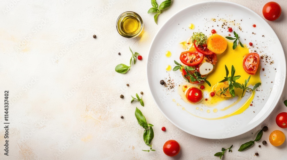Fresh Colorful Salad with Cherry Tomatoes, Avocado, and Herbs on a White Plate Fresh Colorful Salad with Cherry Tomatoes, Avocado, and Herbs on a White Plate