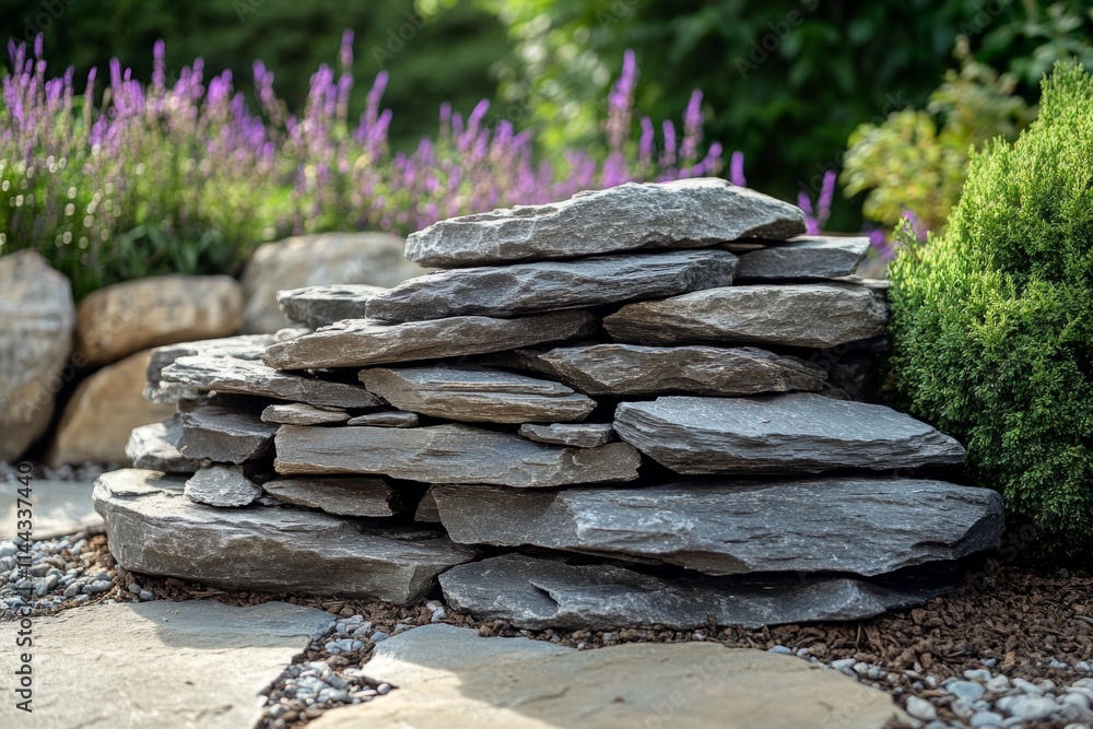 Stone pyramid adding visual interest and texture to a garden landscape Stone pyramid adding visual interest and texture to a garden landscape