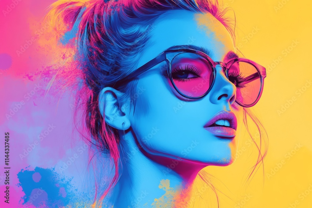Obraz premium Stylish woman with sunglasses posing under vibrant, colorful lighting with paint splatter effect, creating a modern and trendy look
