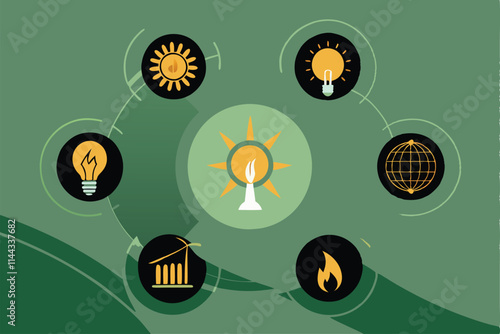 Design a vibrant vector illustration depicting the transformation of solar energy into electrical energy, showcasing the process visually.