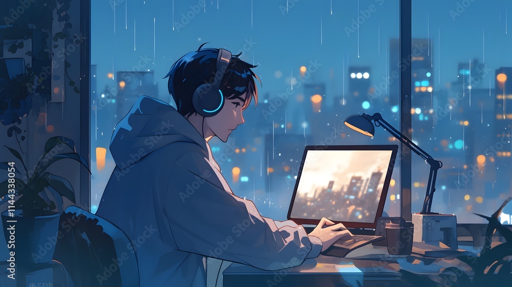 Teen anime character with headphones, working on a computer at night with a rain-soaked city view.