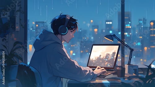 Obraz na płótnie Teen anime character with headphones, working on a computer at night with a rain-soaked city view. w salonie