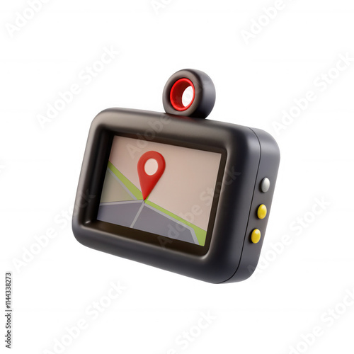 A stylized 3D model of a GPS navigation device featuring a bright red location pin on a map interface. Ideal for tech and navigation. photo