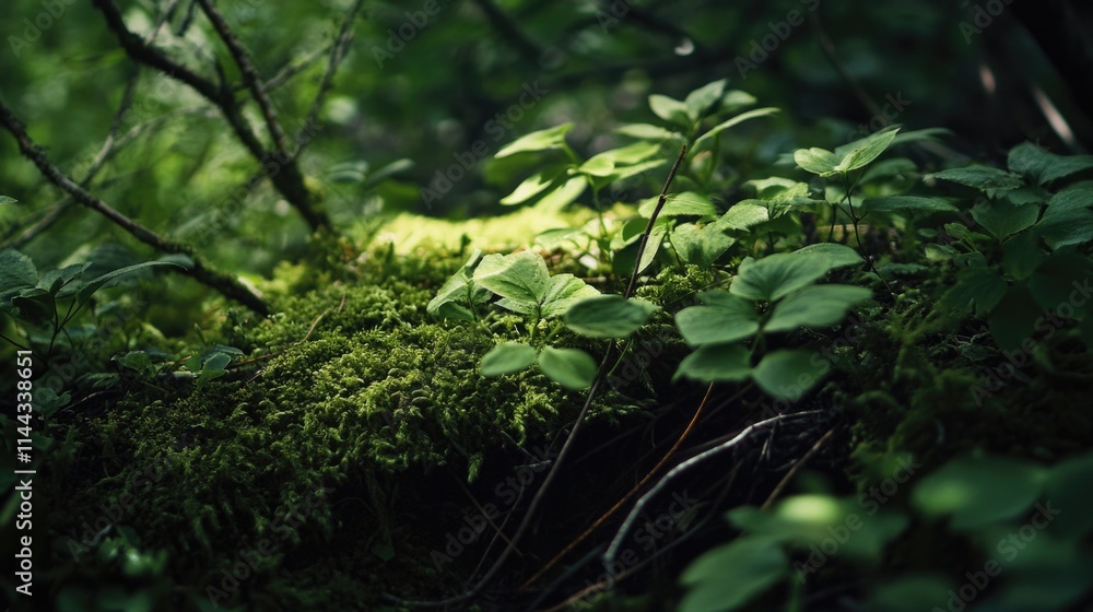 Close-up of a mossy forest floor, covered in lush green vegetation. The dampness of the ground creates an atmosphere of tranquility and natural beauty.