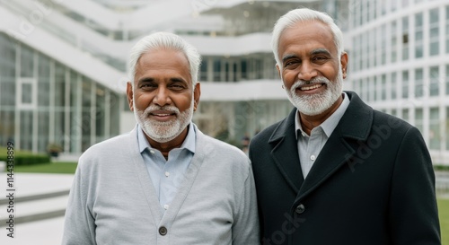 Mature asian men smiling outdoors in urban setting for business collaboration concept