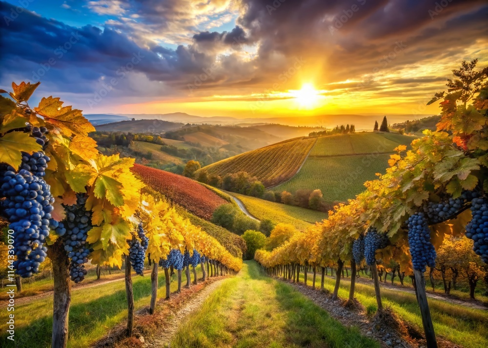 Fototapeta premium Drone View: Italian Vineyard Sunset, Ripe Blue Grapes, Autumn Harvest