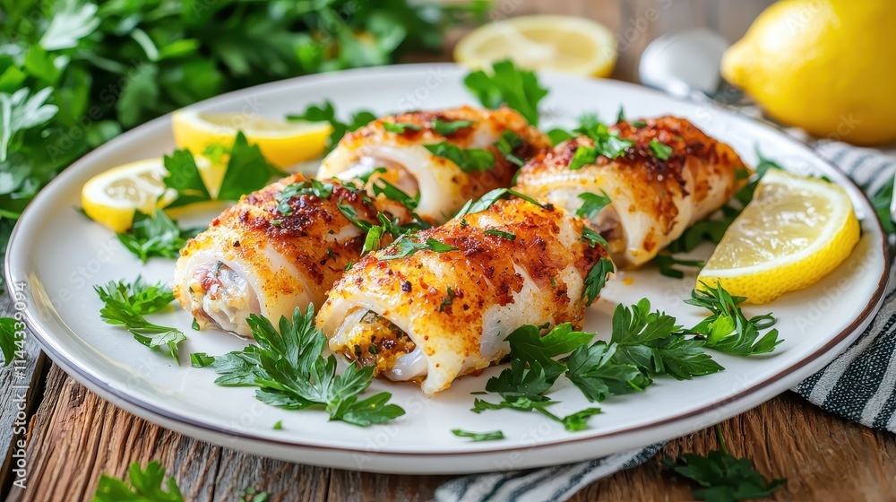 Savory Stuffed Fish Rolls with Fresh Herbs and Lemon Garnish on a Rustic Plate Savory Stuffed Fish Rolls with Fresh Herbs and Lemon Garnish on a Rustic Plate