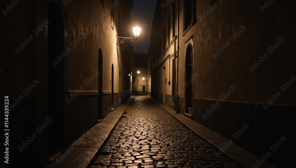 Fototapeta premium Deserted cobblestone alley at night