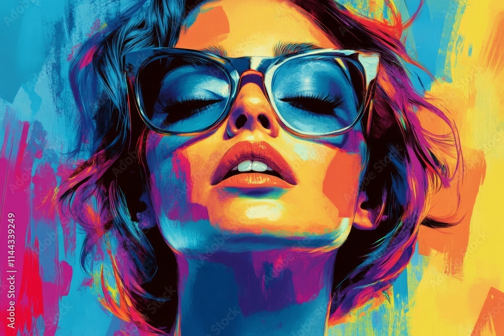 Obraz premium Stylish woman with sunglasses posing against a vibrant, artistic backdrop