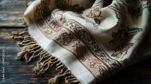 A stylish shawl with intricate embroidery, folded neatly on a rustic wooden table photo