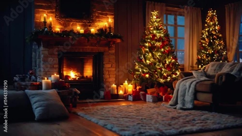 Wallpaper Mural cozy room interior with christmas tree and candles and fireplace, christmas decoration, seamless loop, 4k Merry Christmas background, 4k High-Quality Wallpaper Background Animation Video Torontodigital.ca