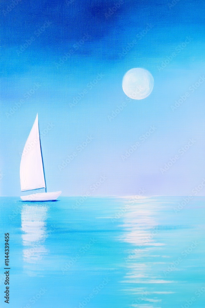 Obraz premium Serene Sailboat Under a Moonlit Sky: Tranquil Seascape with Smooth Blue Waters and a Gentle Breeze