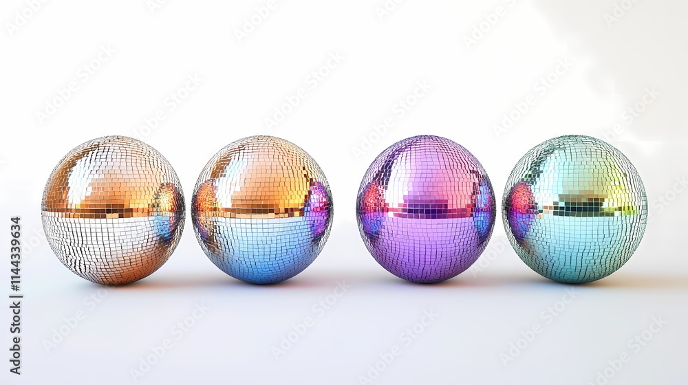 Colorful Reflection of Disco Balls in a Line on a Clean White Background for Party, Celebration, or Decorative Event Themes Colorful Reflection of Disco Balls in a Line on a Clean White Background for Party, Celebration, or Decorative Event Themes