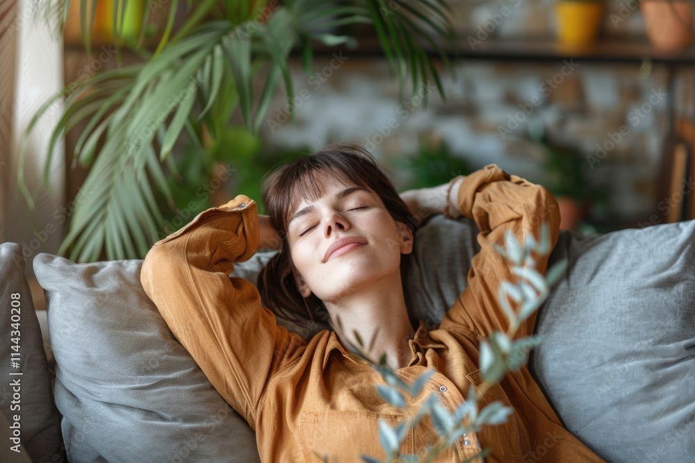 Fototapeta premium Young woman relaxes on sofa dreaming of wellbeing in cozy home.