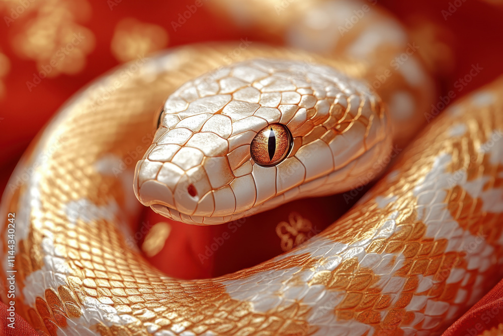 gold snake vibrant red background symbolizes prosperity and good fortune. This stunning image captures intricate details of snake scales and its striking eyes, evoking sense of elegance and beauty gold snake vibrant red background symbolizes prosperity and good fortune. This stunning image captures intricate details of snake scales and its striking eyes, evoking sense of elegance and beauty