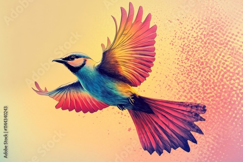 Illustration of a colorful bird flying with open wings in an abstract background, symbolizing freedom, nature, and vibrant beauty