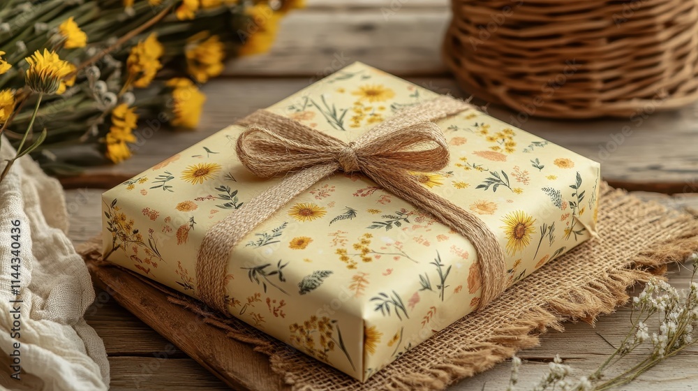 Rustic Gift Box with Floral Wrapping and Burlap Ribbon on Wooden Table with Dried Flowers Rustic Gift Box with Floral Wrapping and Burlap Ribbon on Wooden Table with Dried Flowers