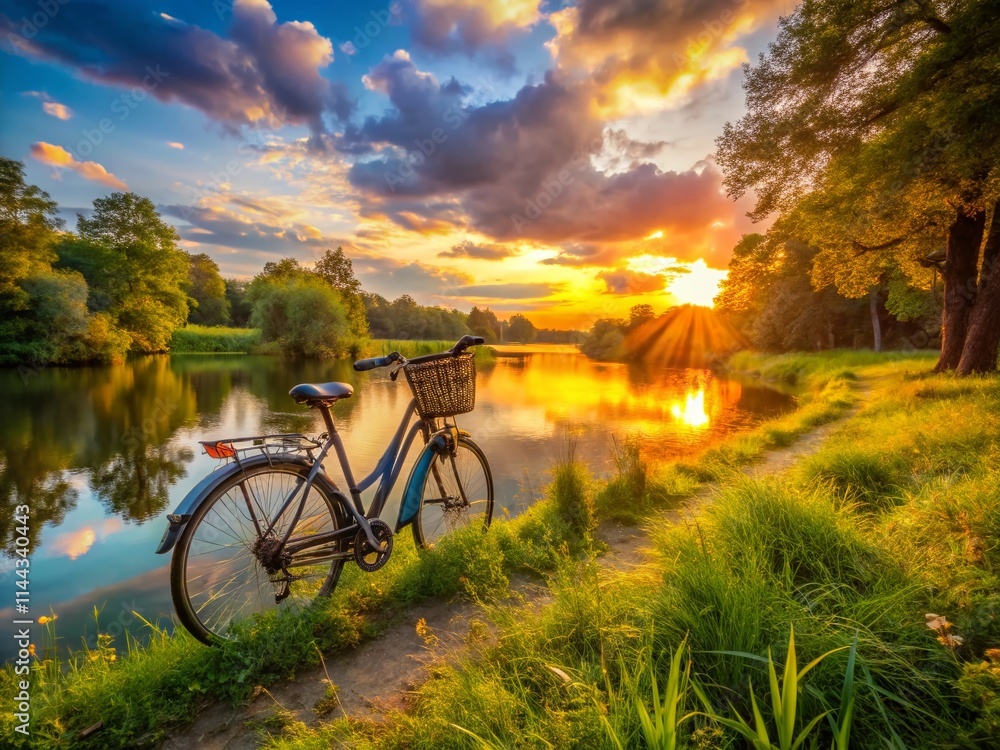 Obraz premium E-Bike Riverbank Adventure: Tranquil Scenic Ride, Electric Bicycle Nature Escape