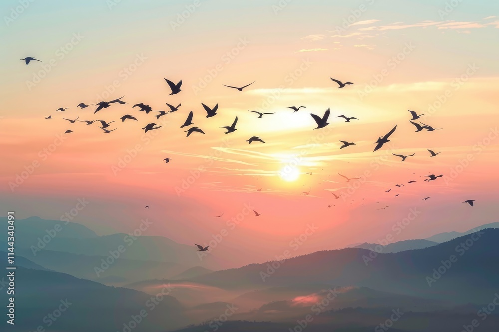Birds flying freely in twilight sky at sunset. Birds flying freely in twilight sky at sunset.