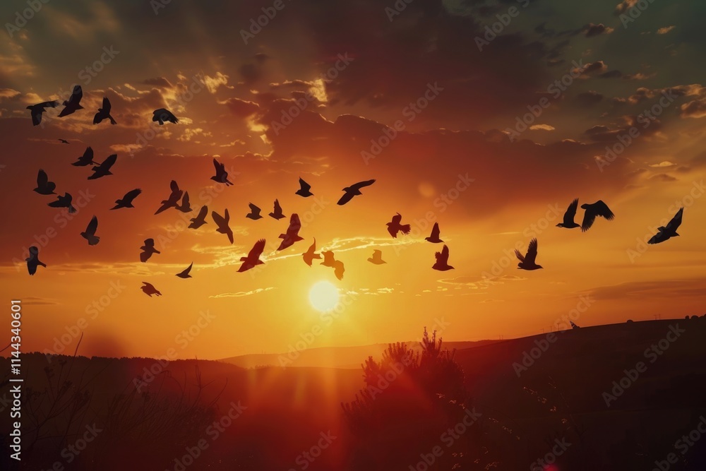 Birds flying freely in twilight sky at sunset. Birds flying freely in twilight sky at sunset.