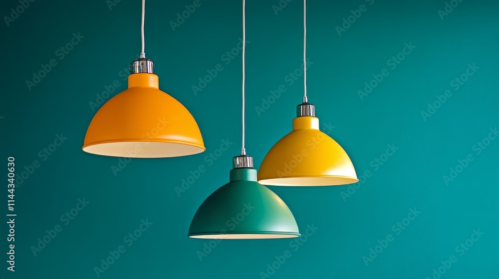 Obraz premium Sleek pendant lamps in vibrant hues of orange, green, and yellow, hanging in harmony against a teal wall for a minimalist aesthetic