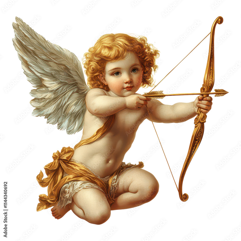 Fototapeta premium A cherubic figure with golden hair and wings draws a bow, poised to shoot an arrow.