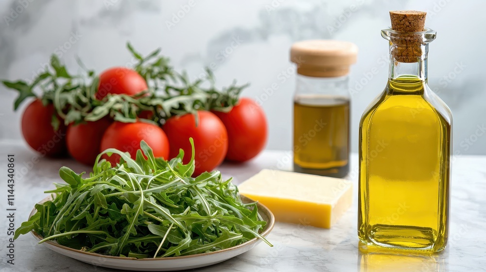 Fresh Ingredients for a Healthy Salad with Olive Oil and Cheese on a Marble Background Fresh Ingredients for a Healthy Salad with Olive Oil and Cheese on a Marble Background