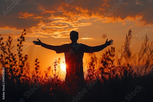 Silhouette of Man Raising His Hands or Open arms when sun rising up photo