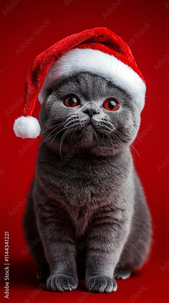 British cat in a Santa Claus hat on a red background British cat in a Santa Claus hat on a red background