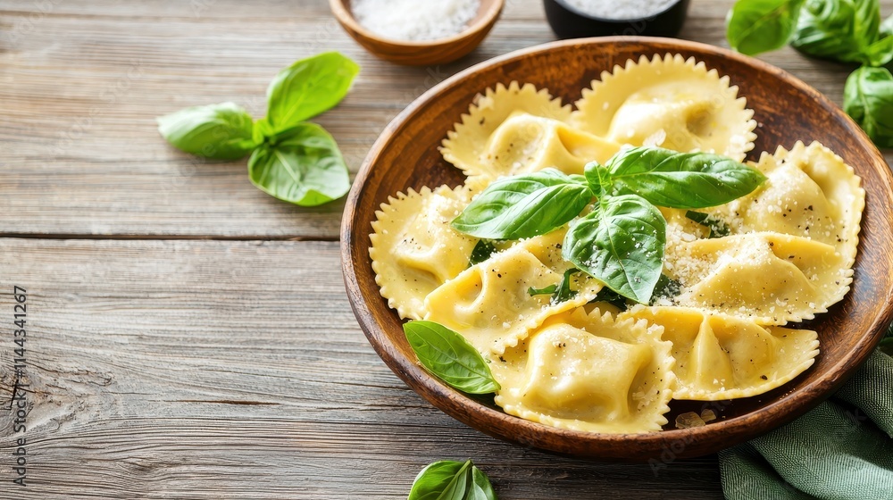 Delicious Fresh Ravioli with Basil Leaves on a Rustic Wooden Table Delicious Fresh Ravioli with Basil Leaves on a Rustic Wooden Table